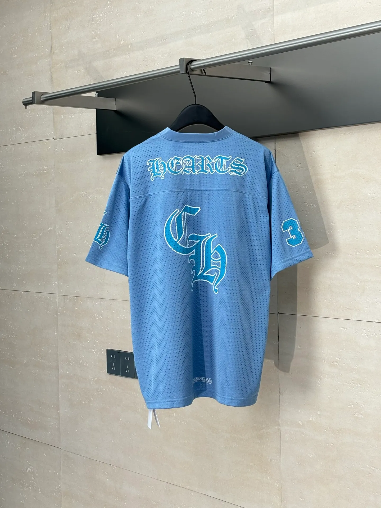 🅿️290 Chrome Heart*/Ch Chrome Heart 25SS mesh glitter blue ice hockey jersey short-sleeved. The fabric is made of high-density 100D bird's eye cloth. Double-sided mesh positioning is very time-consuming. The cost of labor loss is very high. It is not a single-layer thin transparent bottom junk product on the market. Same style for men and women. OS version Size: S/M/L